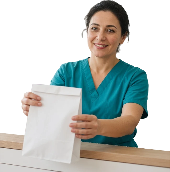 Illustration générée par intelligence artificielle : une technicienne fictive tend un sac de prescription au-dessus du comptoir